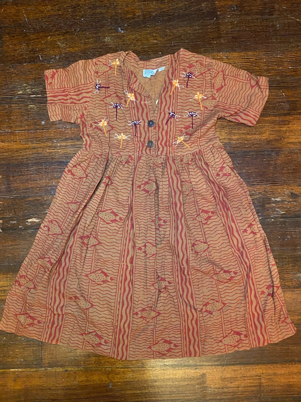 EUC Neutral Rust Red Printed Button-Front Embroidered Handmade 100% Cotton Dress
